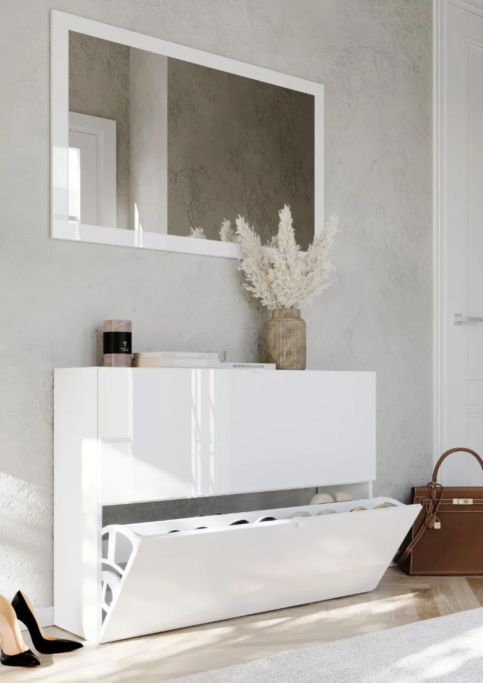 Scarpiera Sospesa salvaspazio 2 ante a ribalta finitura Bianco Lucido linea Multiuso
