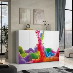 Scarpiera stretta 4 ante battenti Master bianco lucido con grafica colorata