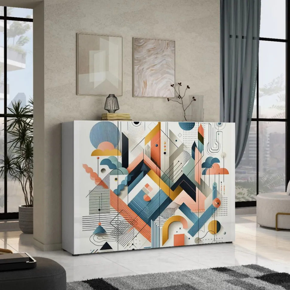 Scarpiera stretta 4 ante battenti Master bianco lucido con grafica geometrica colorata