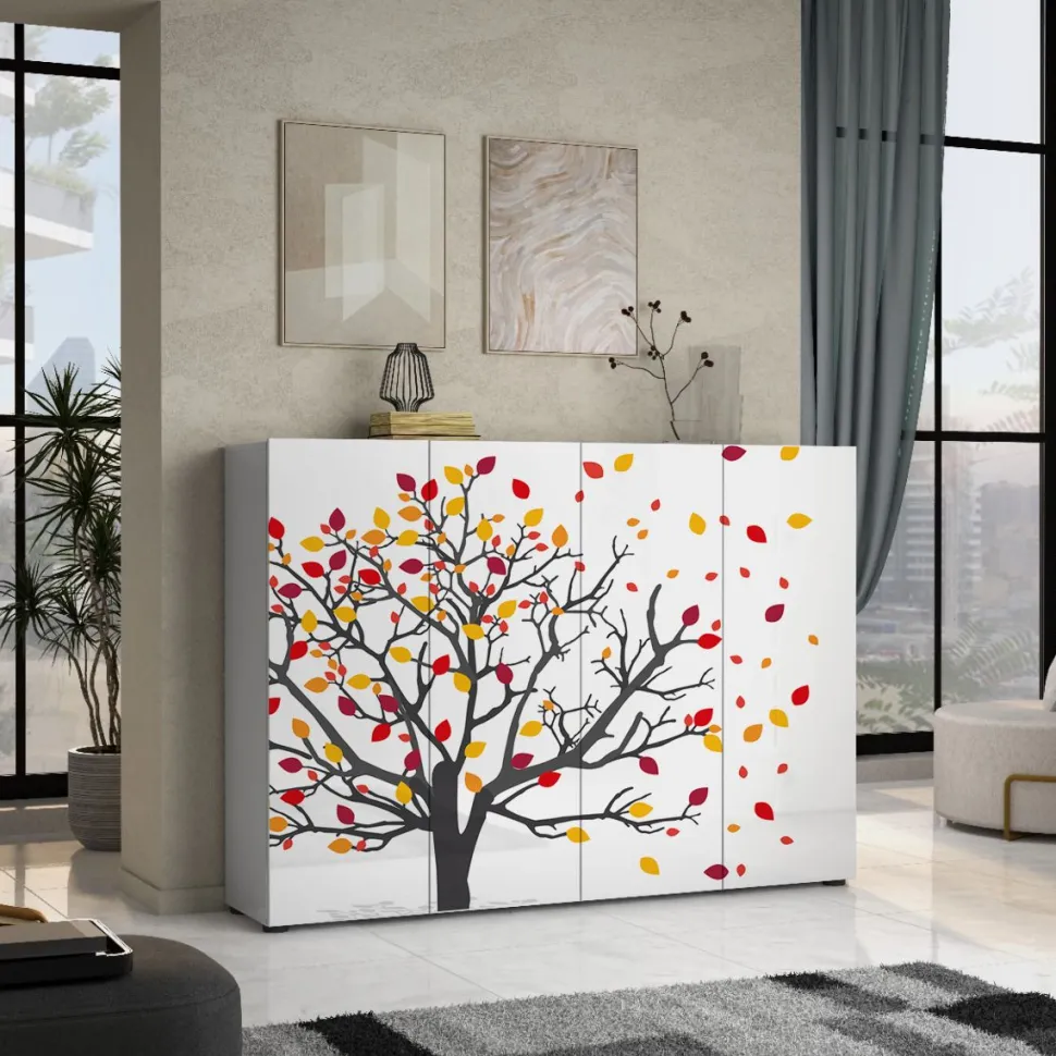 Scarpiera stretta 4 ante battenti Master bianco lucido con grafica albero colorato