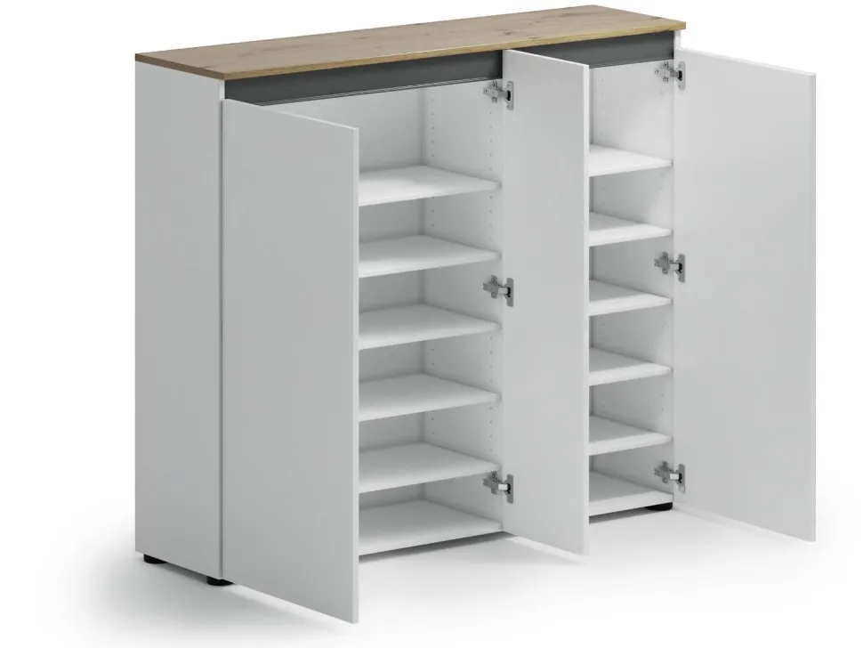 Scarpiera stretta moderna 3 ante Bianco Lucido e Top Rovere Naturale