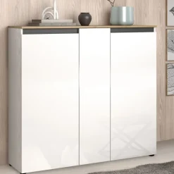 Scarpiera stretta moderna 3 ante Bianco Lucido e Top Rovere Naturale