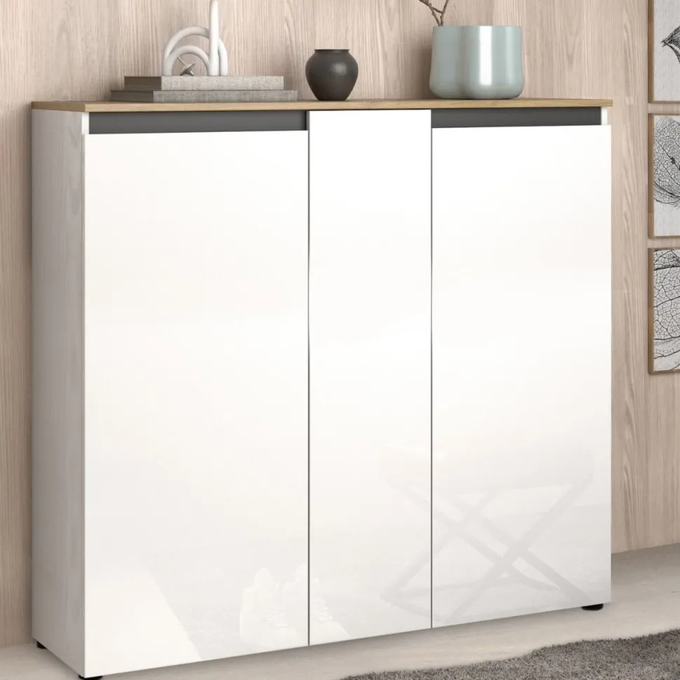 Scarpiera stretta moderna 3 ante Bianco Lucido e Top Rovere Naturale