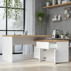 Scrivania ad Angolo Linea Easy Bianco Lucido e Rovere Cadiz con 2 ante e 1 cassetto