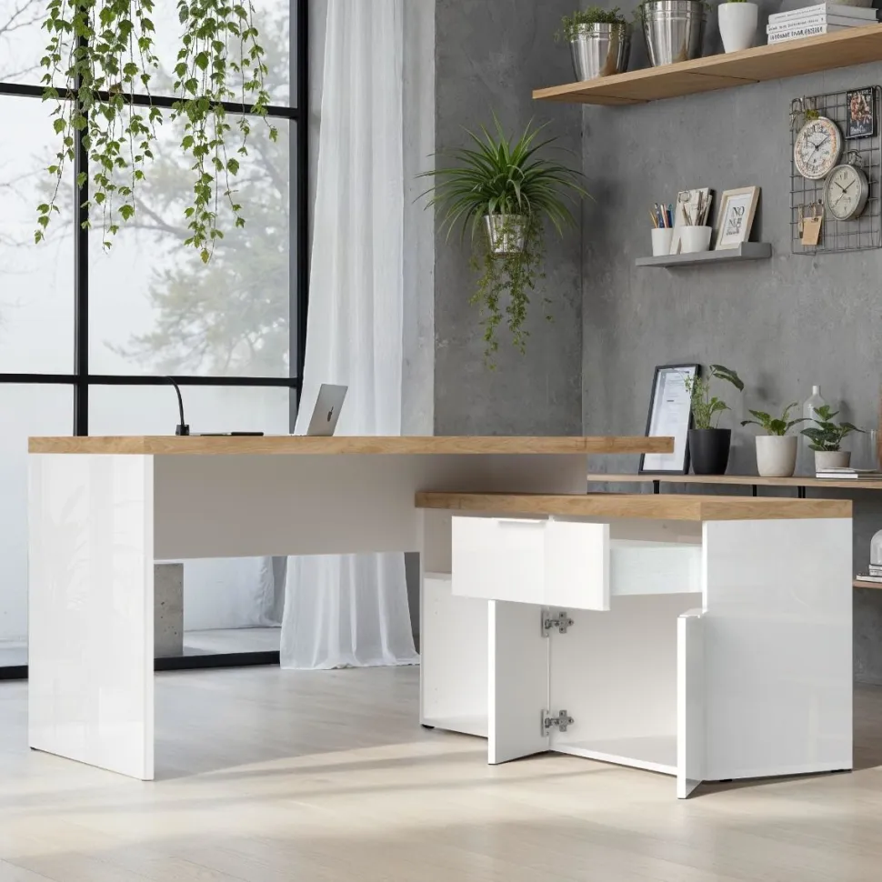 Scrivania ad Angolo Linea Easy Bianco Lucido e Rovere Cadiz con 2 ante e 1 cassetto