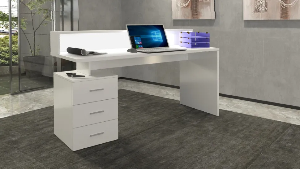 Scrivania con sopralzo e 3 cassetti Carson in Bianco Lucido