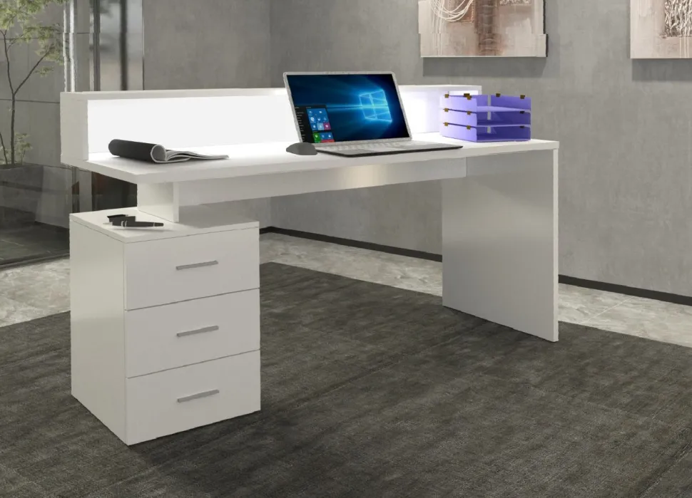 Scrivania con sopralzo e 3 cassetti Carson in Bianco Lucido