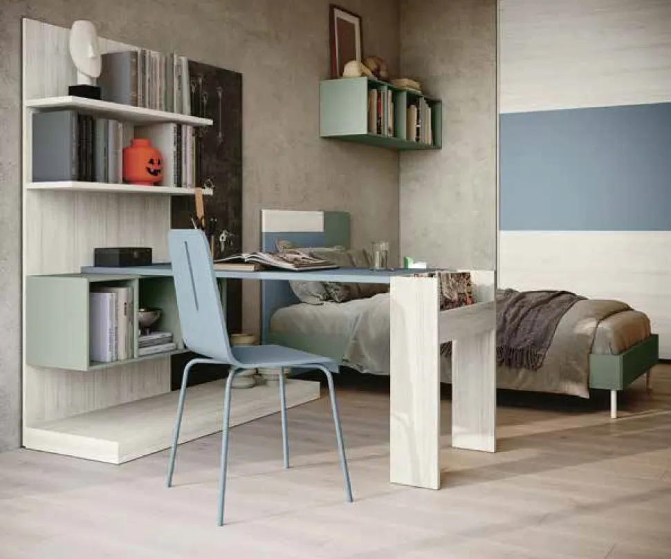 Scrivania moderna compatta con libreria sospesa e lavagna Olmo e blu Petrolio disponibile in vari colori