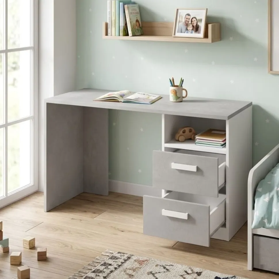 Scrivania moderna con 2 cassetti e Maniglie sagomate disponibile in 4 colori e 2 misure