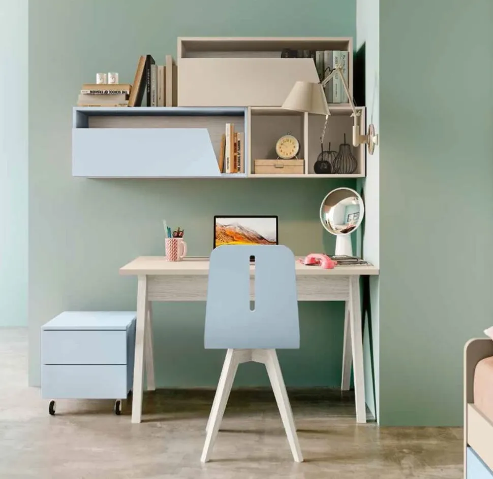 Scrivania moderna in Bianco e Olmo per cameretta disponibile in vari colori