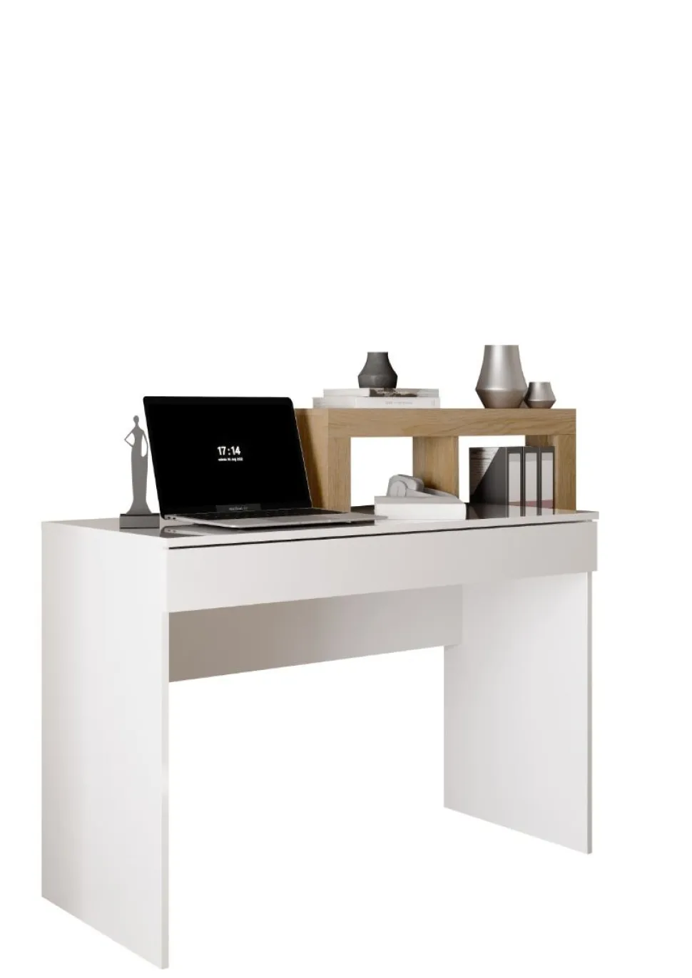 Scrivania moderna in Bianco Lucido e Rovere Cadiz con vani a giorno e cassetto L 138