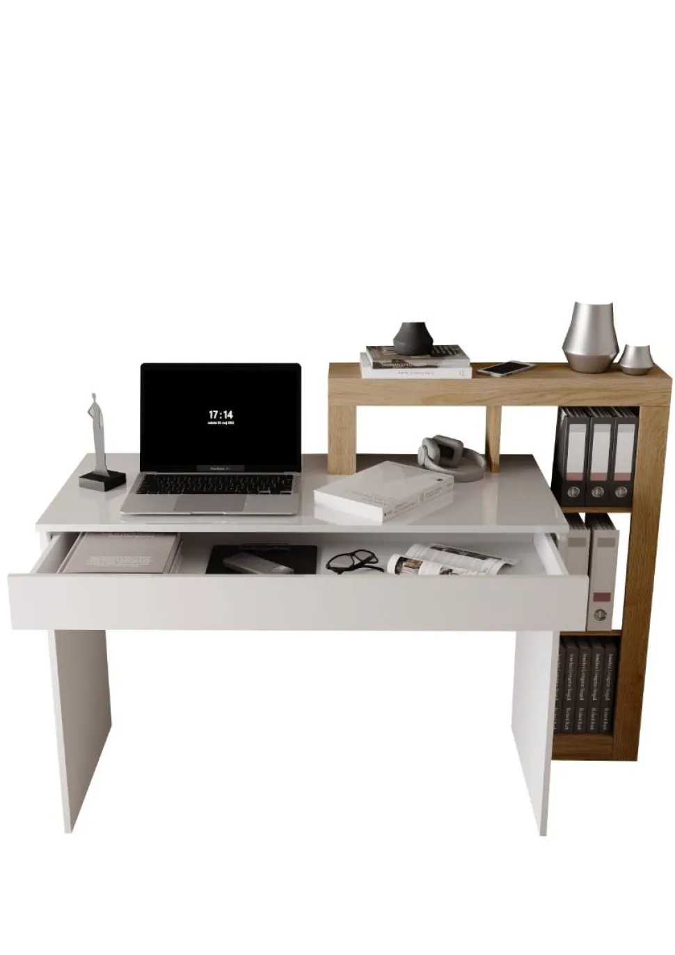 Scrivania moderna in Bianco Lucido e Rovere Cadiz con vani a giorno e cassetto L 138