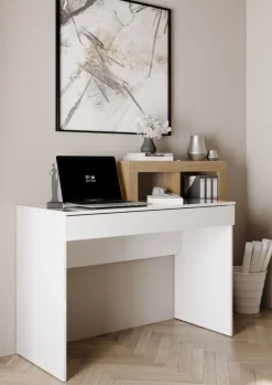Scrivania moderna in Bianco Lucido e Rovere Cadiz con vani a giorno e cassetto L 138
