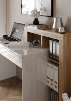 Scrivania moderna in Bianco Lucido e Rovere Cadiz con vani a giorno e cassetto L 138