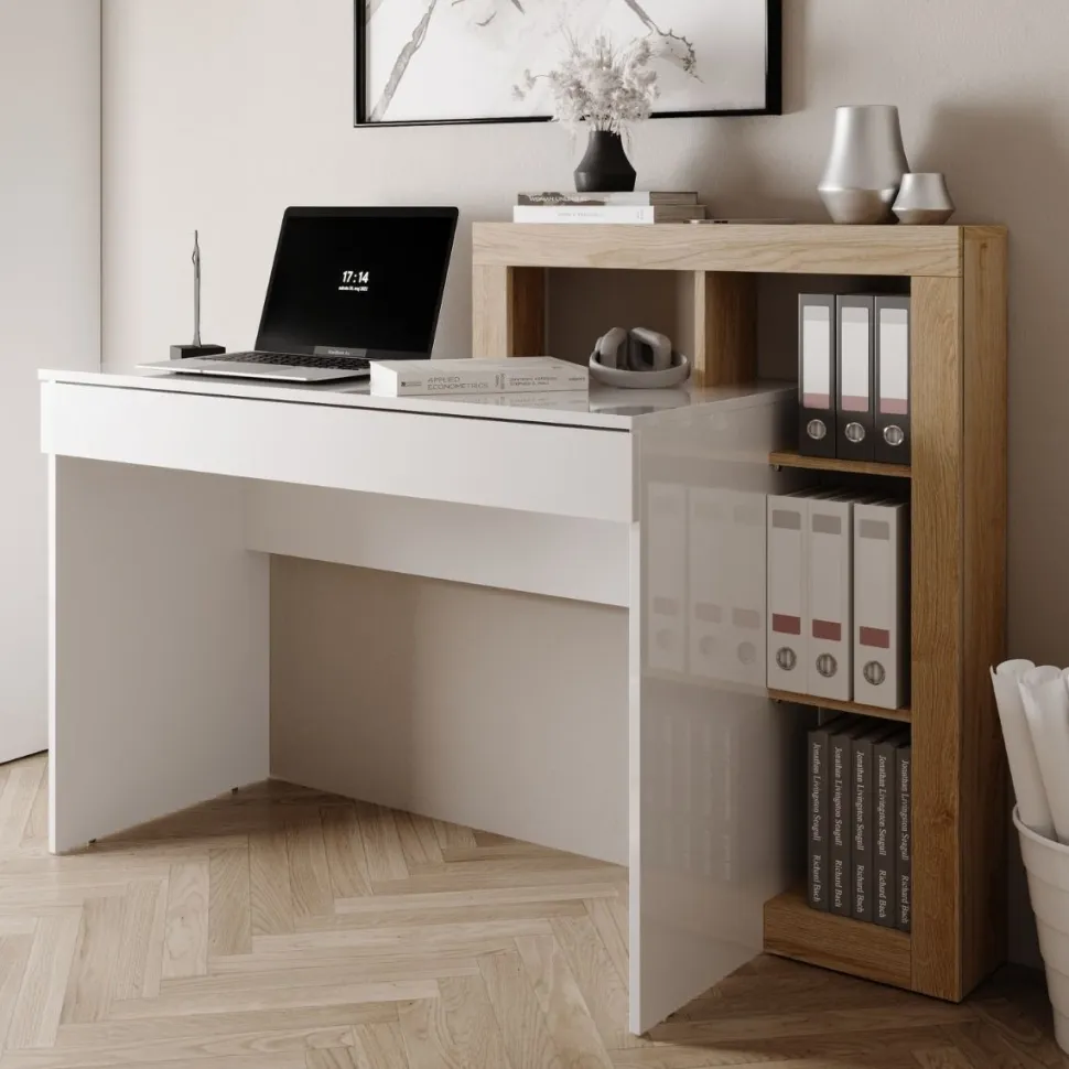 Scrivania moderna in Bianco Lucido e Rovere Cadiz con vani a giorno e cassetto L 138