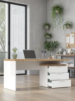 Scrivania Moderna Linea Easy in Bianco Lucido e Rovere Cadiz con 3 cassetti