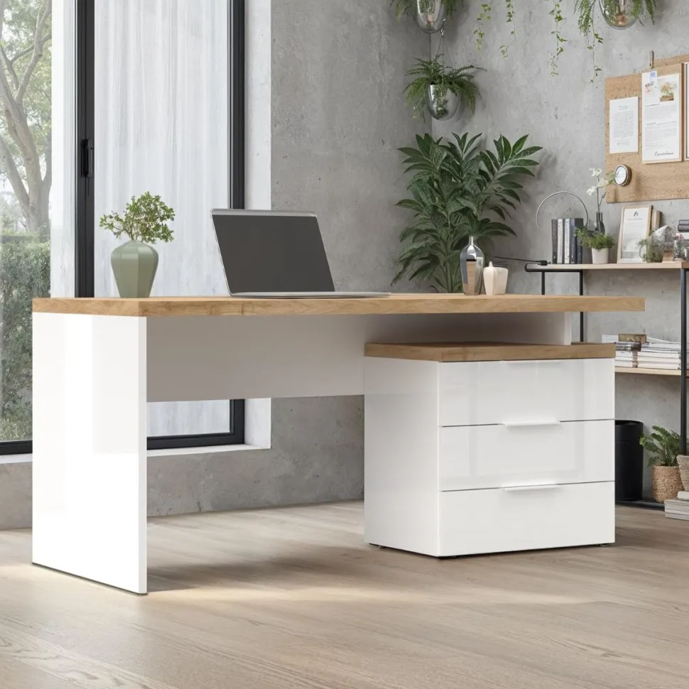 Scrivania Moderna Linea Easy in Bianco Lucido e Rovere Cadiz con 3 cassetti