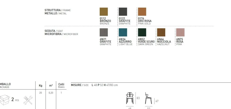 Sedia con struttura in metallo e seduta rivestita Marrakesh disponibile in 7 colori