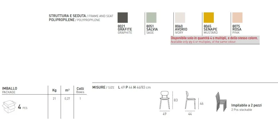 Sedia impilabile in polipopilene Salamanca disponibile in 5 colori