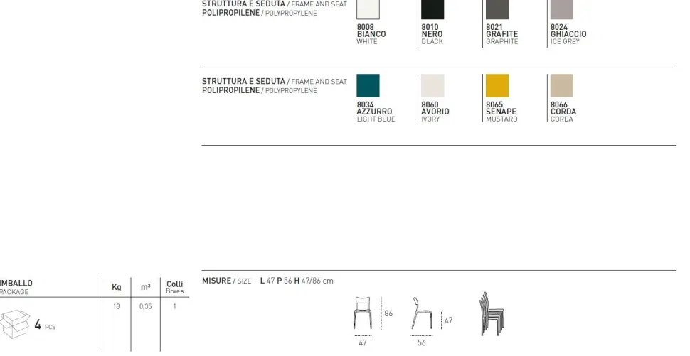 Sedia impilabile in polipropilene Cordoba disponibile in 8 colori