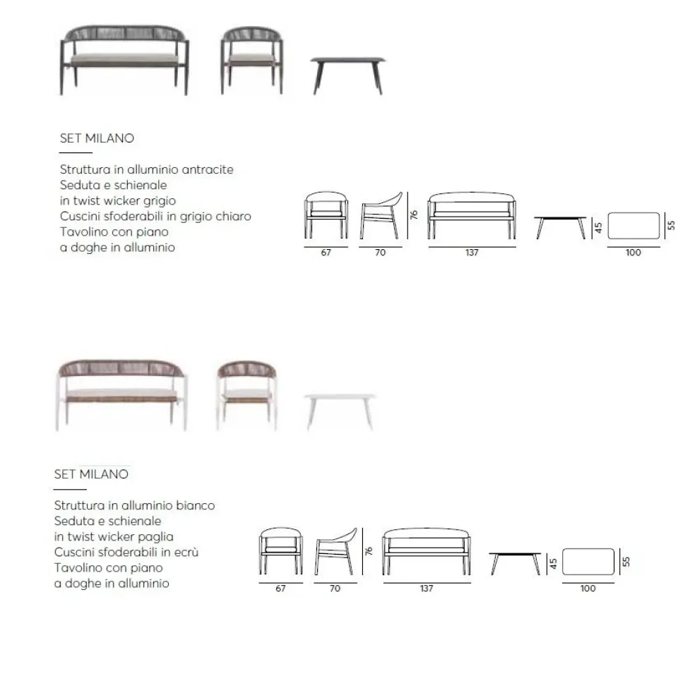 Set di Divani da Esterno Milano con Divano, 2 Poltrone e Tavolino in Alluminio e Twist Wicker