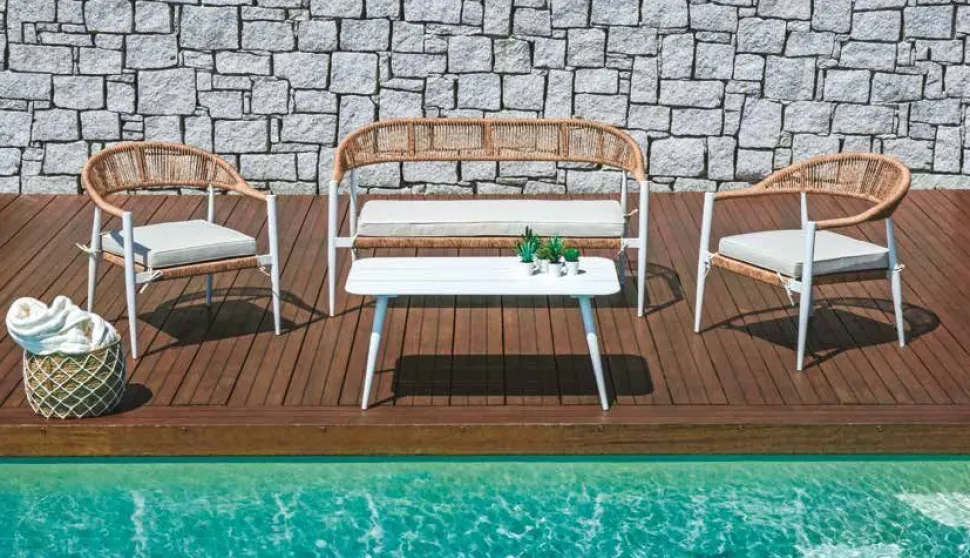Set di Divani da Esterno Milano con Divano, 2 Poltrone e Tavolino in Alluminio e Twist Wicker