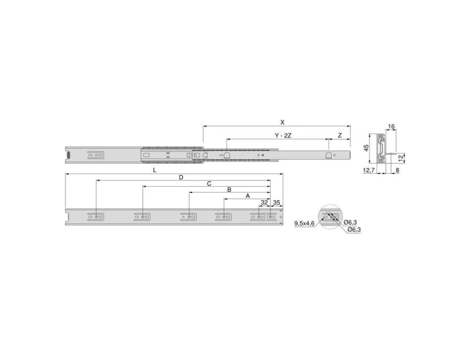 Set di guide a sfera per cassetti con estrazione totale, altezza 45 mm, lunghezza 300 mm, Acciaio, Zincato bianco