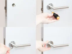Set di maniglie per porte interne con rosetta D.53mm Modello L dritto in Acciaio inossidabile colore Nichelato satinato