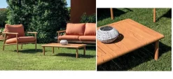 Set divani da Esterno Cartagena con Divano, 2 Poltrone e Tavolino in Alluminio Effetto Legno e Cuscini Rossi