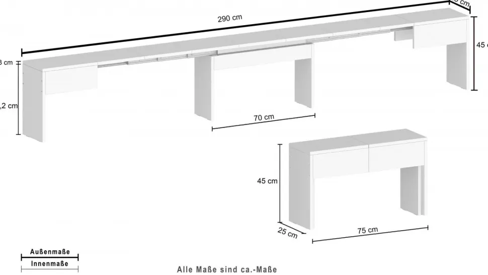 Set 2 Panche allungabili per consolle finitura Cemento