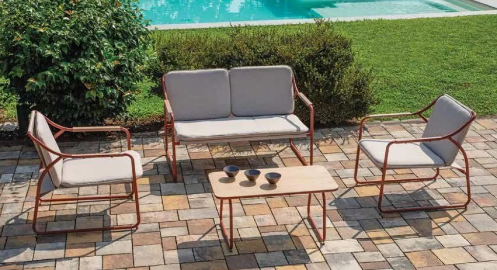 Set Relax da Esterno Tinos con Divano, 2 Poltrone e Tavolino in Ferro Verniciato e Vetroceramica
