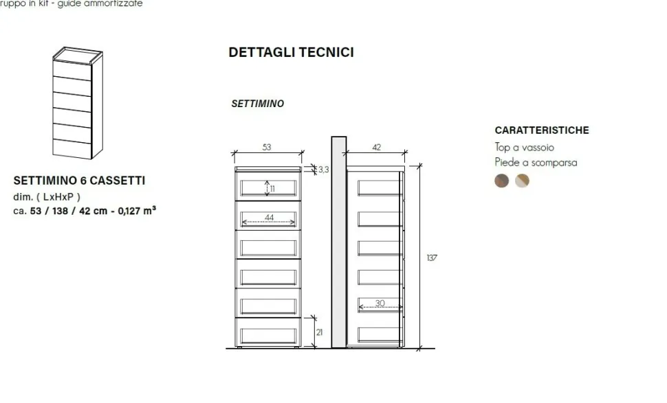 Settimino a 6 cassetti Alex linea Chèrie in finitura Bronzo e Rovere Mercure