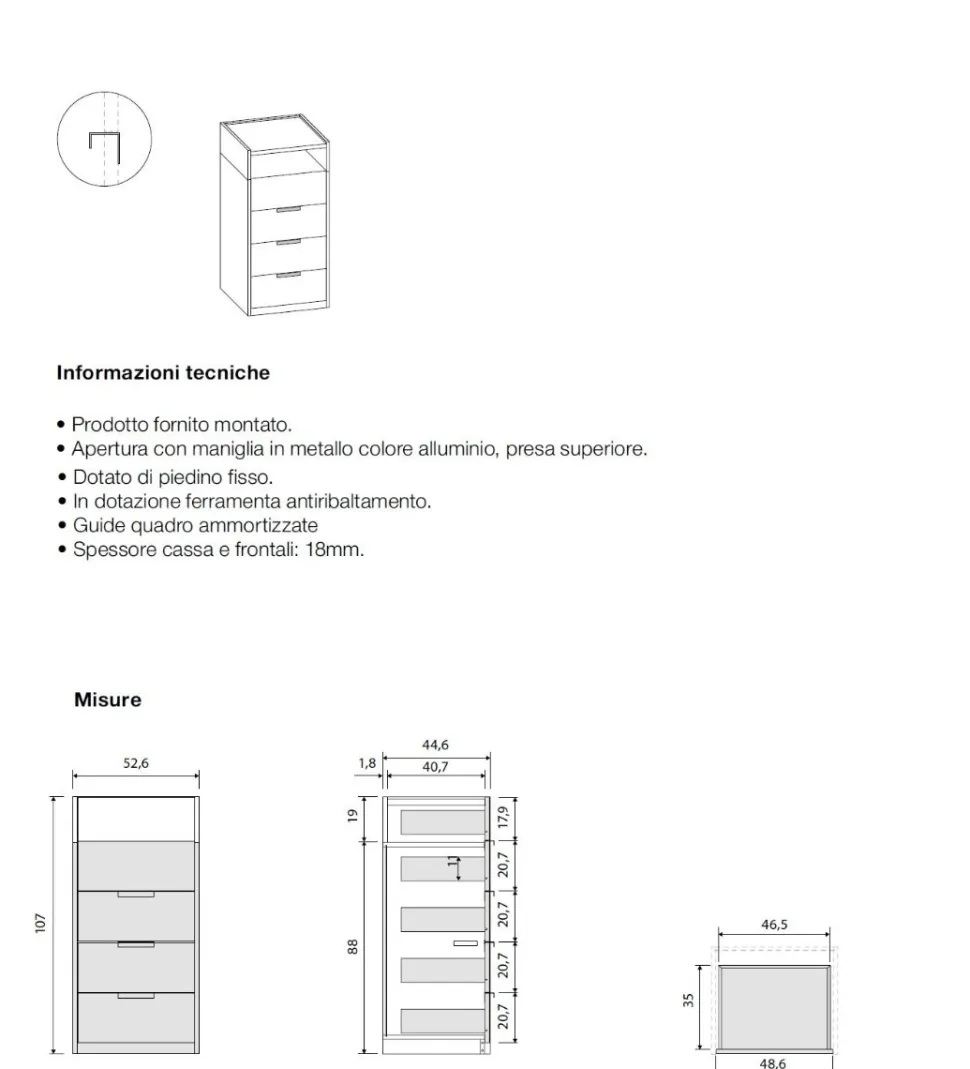 Settimino moderno 4 cassetti con vano a giorno Box disponibile in vari colori