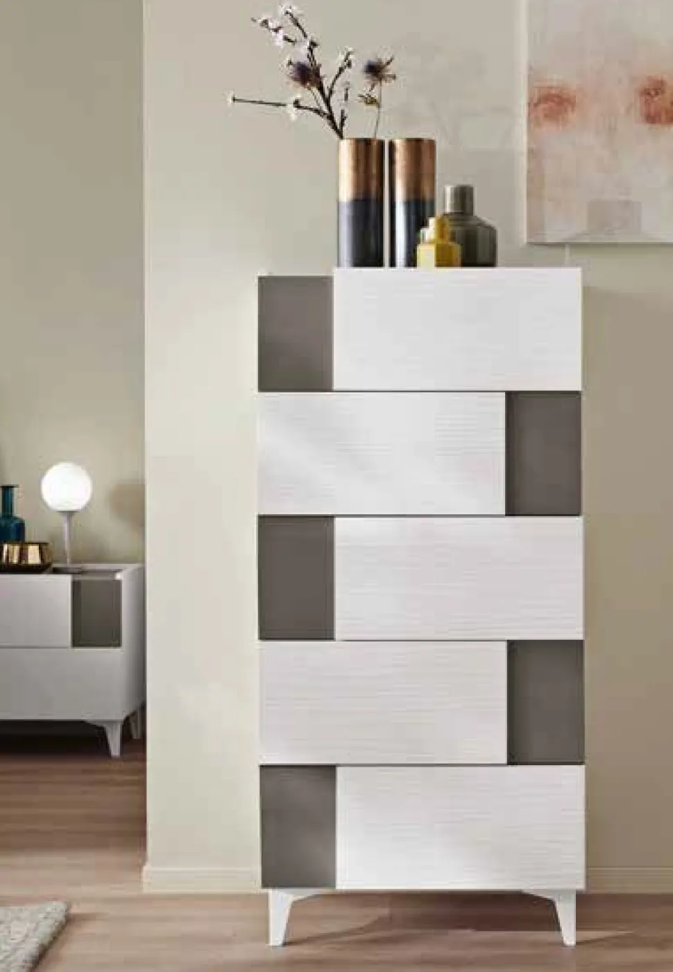 Settimino moderno 5 cassetti con inserto e maniglia laterale disponibile in vari colori Roy linea Domino