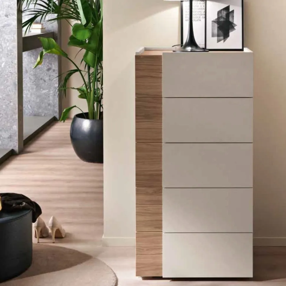 Settimino moderno 5 cassetti con maniglia e inserto laterale disponibile in vari colori Klass linea Domino