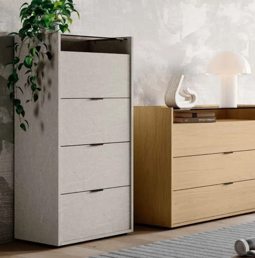 Settimino retrofinito con top in vetro Fumè 4 cassetti Moira disponibile in vari colori