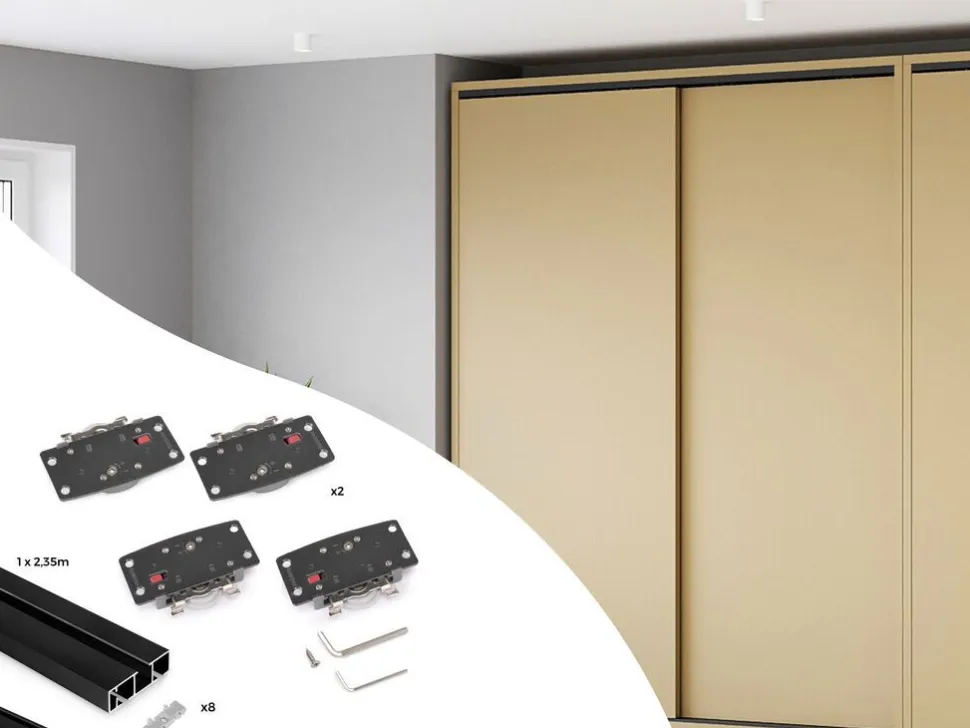 Sistema Flow 2 da superficie in kit per un armadio con 2 ante scorrevoli in legno supportate da chiusura ammortizzata