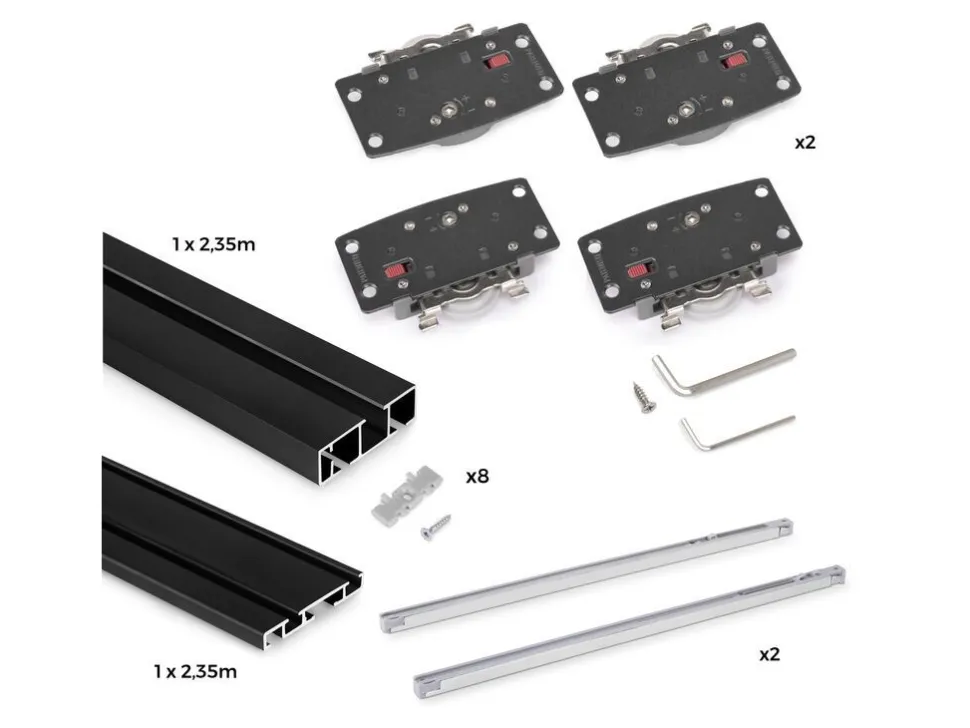 Sistema Flow 2 da superficie in kit per un armadio con 2 ante scorrevoli in legno supportate da chiusura ammortizzata