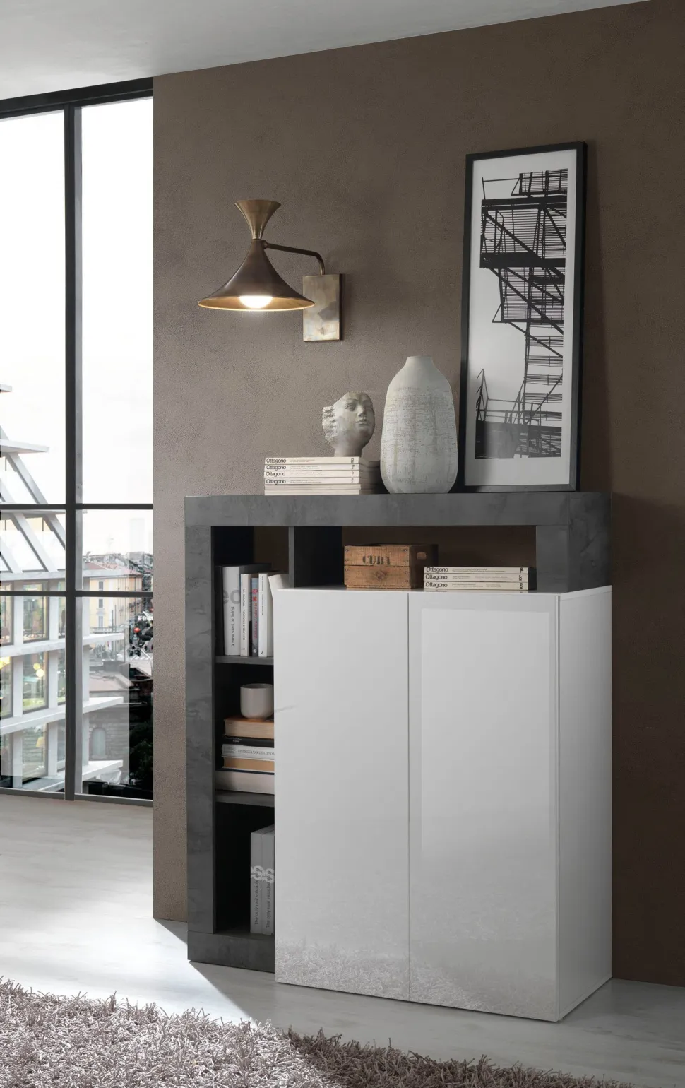 Soggiorno Carla linea Frame in Bianco Lucido e Ossido