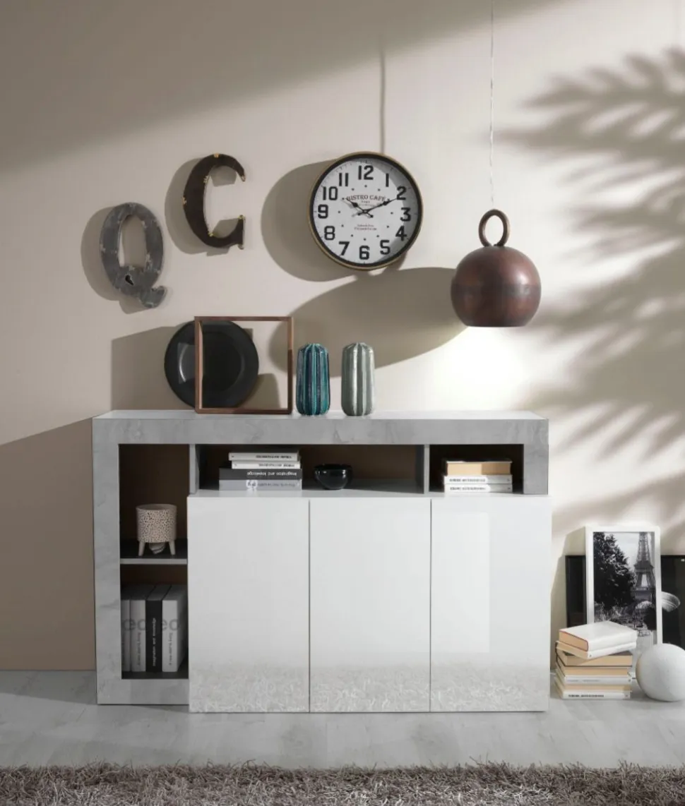 Soggiorno Clea linea Frame in Bianco Lucido e Cemento