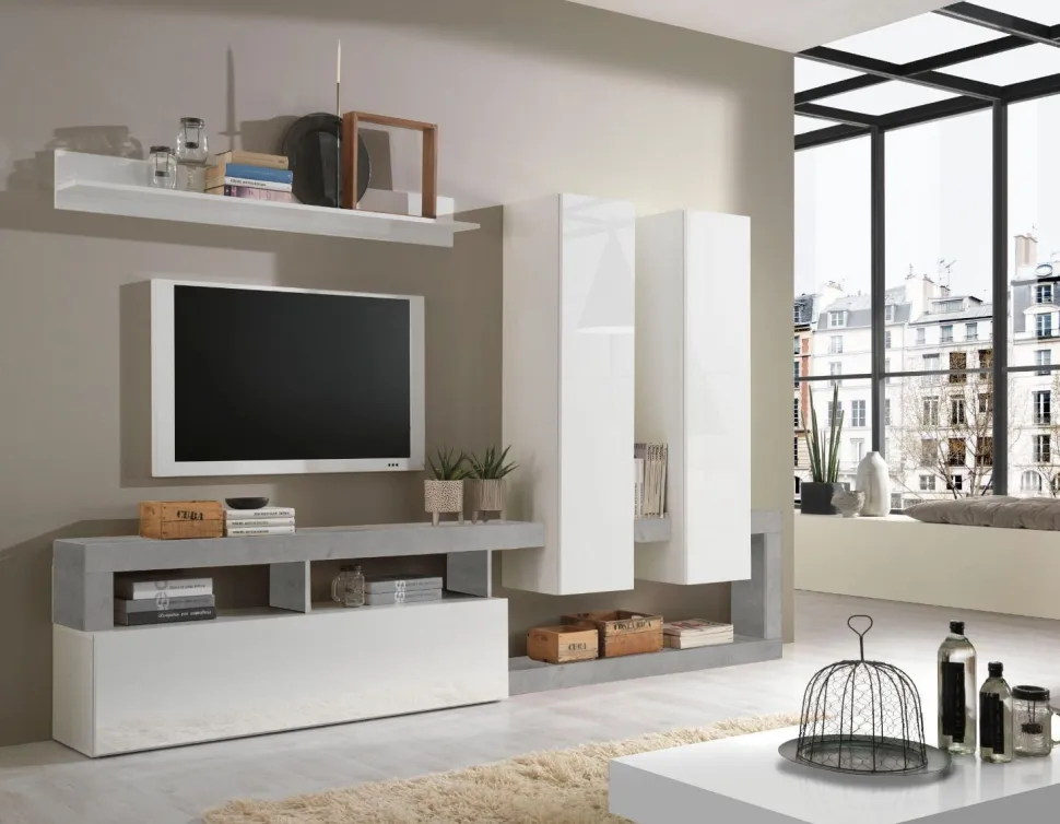 Soggiorno Clea linea Frame in Bianco Lucido e Cemento