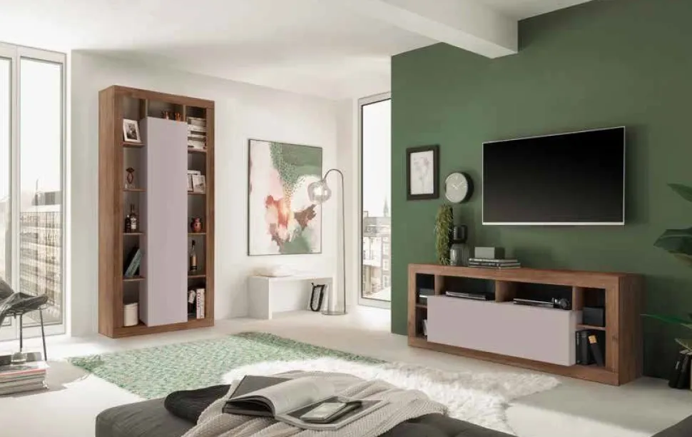 Soggiorno con libreria e porta tv Daniel Linea Verona in Rovere Mercure e Cashmere