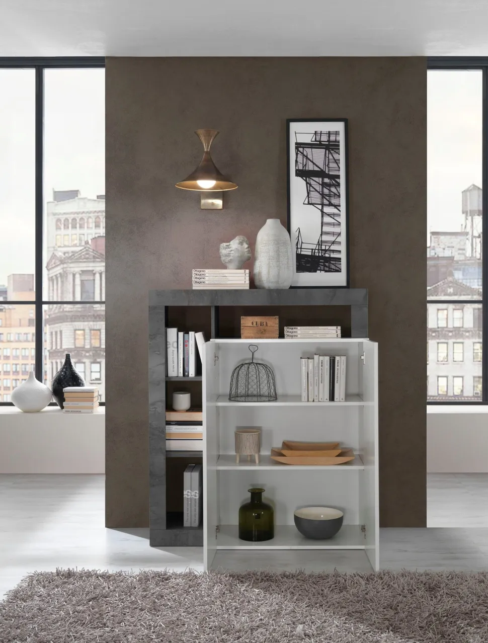 Soggiorno Mina linea Frame in Bianco Lucido e Ossido