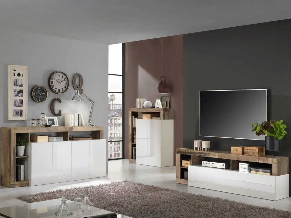 Soggiorno Porzia linea Frame in Bianco Lucido e Pero