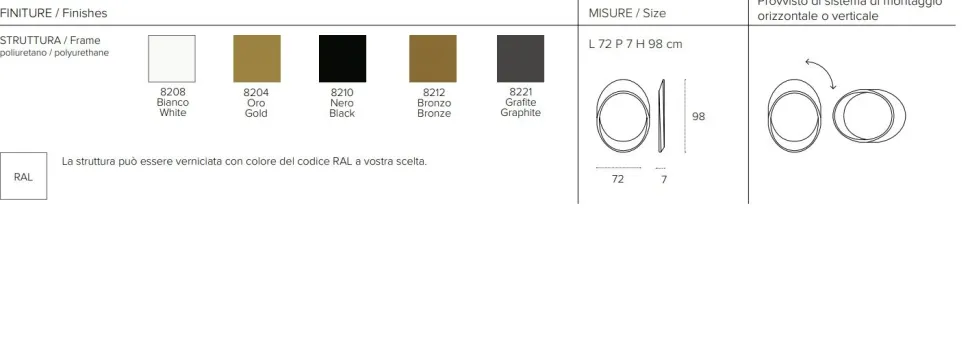 Specchiera reversibile Vanity disponibile in 5 colori o verniciata con RAL a scelta
