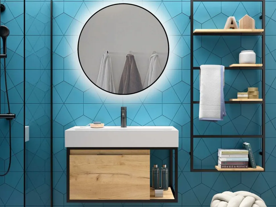 Specchio da bagno con cornice nera Zeus con Illuminazione LED decorativa