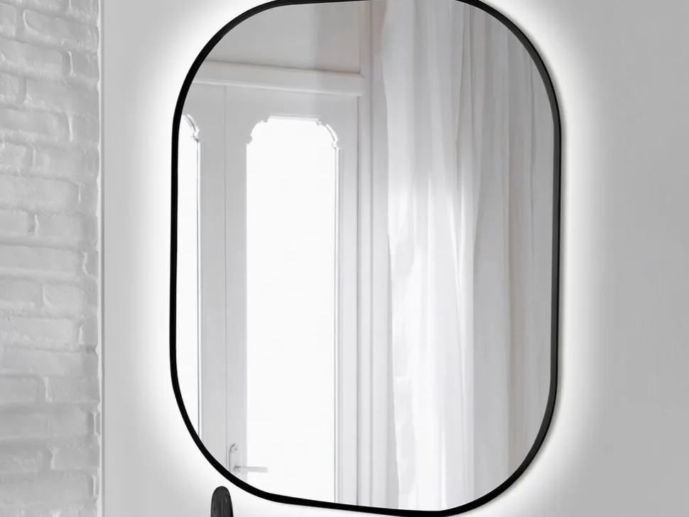 Specchio da bagno rettangolare con bordi arrotondati Cepheus con Illuminazione LED decorativa e cornice nera
