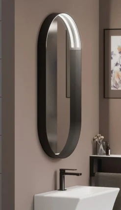 Specchio ovale con luce LED integrata e cornice in metallo nera