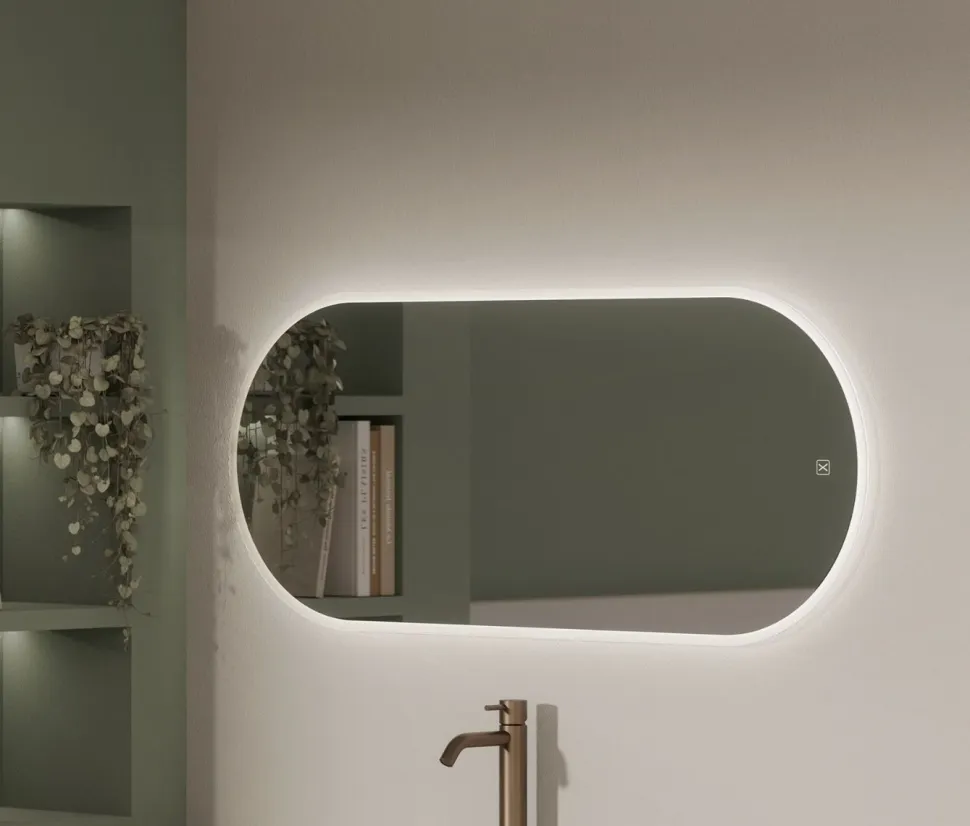 Specchio ovale reversibile con sabbiatura perimetrale retroilluminata