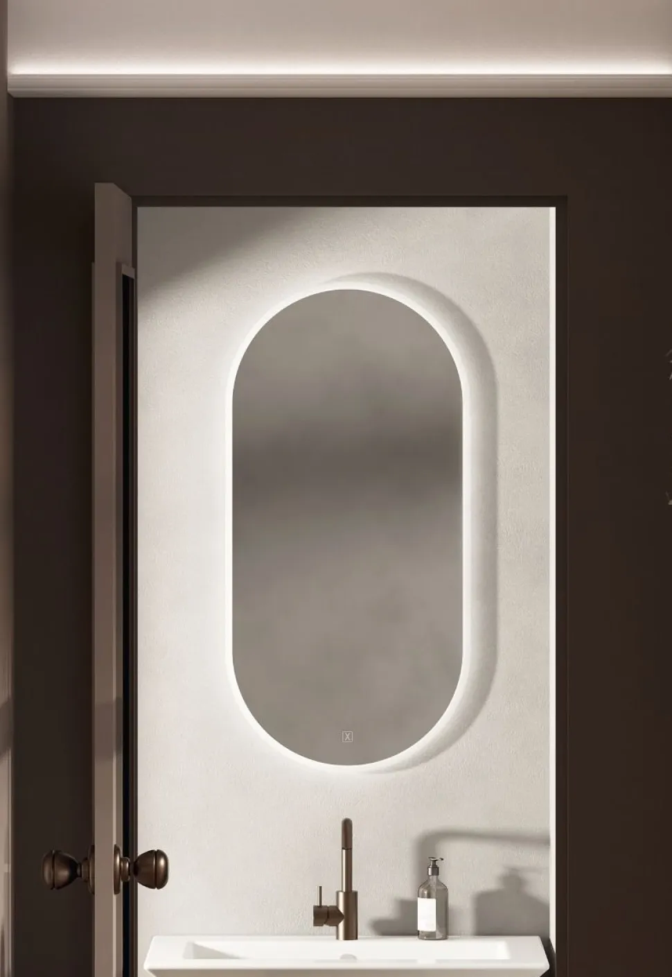 Specchio ovale reversibile con sabbiatura perimetrale retroilluminata